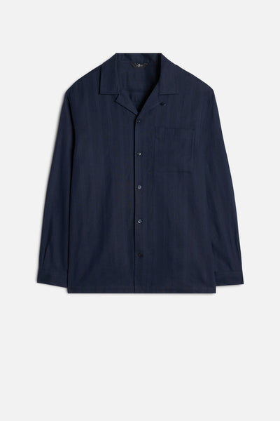 Linen Blend Long Sleeve Camp Shirt in Navy