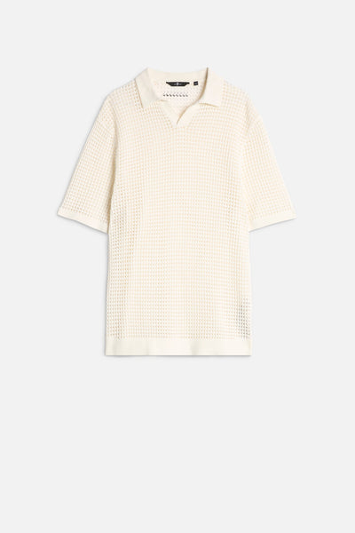 Short Sleeve Crochet Polo in White