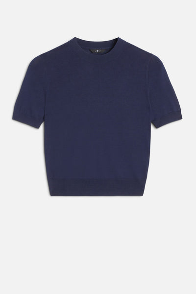 Silk Blend Short Sleeve Sweater in Navy