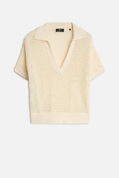 Short Sleeve Open Knit Polo in Oatmeal