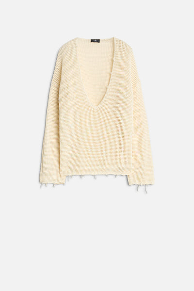 Deep V-Neck Open Knit Pullover in Ecru