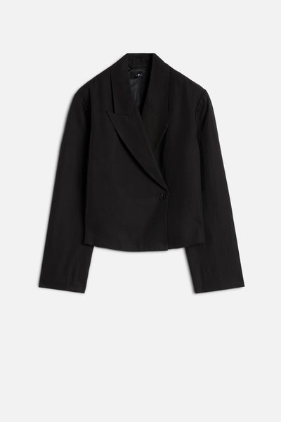 Cropped Linen Blend Blazer in Black