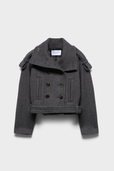 DOUBLE BREASTED HIGH NECK SHORT COAT in Wool Gunmetal
