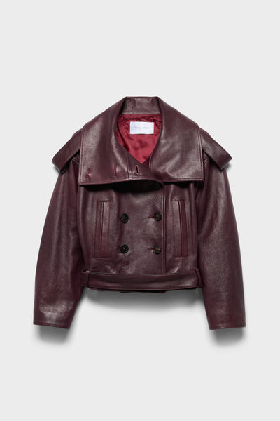 DOUBLE BREASTED HIGH NECK SHORT COAT in Leather Black Cherry
