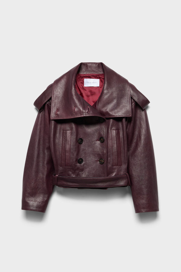 DOUBLE BREASTED HIGH NECK SHORT COAT in Leather