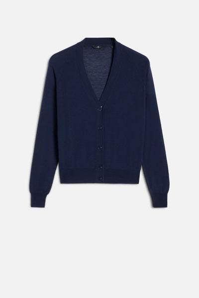 Silk Blend V-Neck Cardigan in Navy