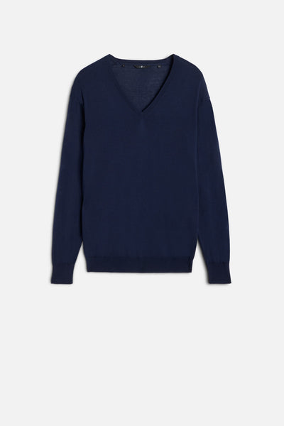 Silk Blend V-Neck Pullover in Navy