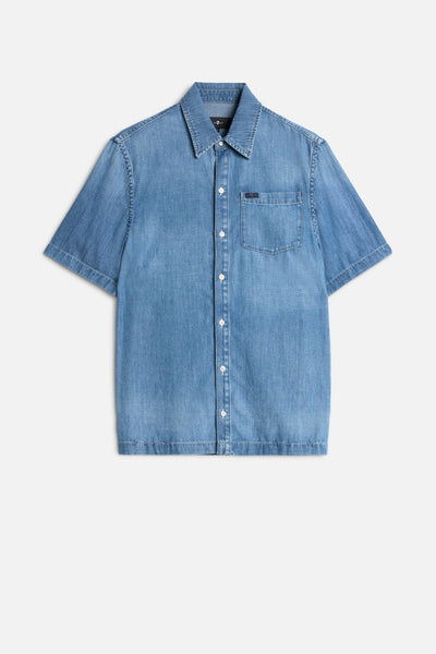 SHORT SLEEVE BUTTON UP SHIRT in Denim Gold River